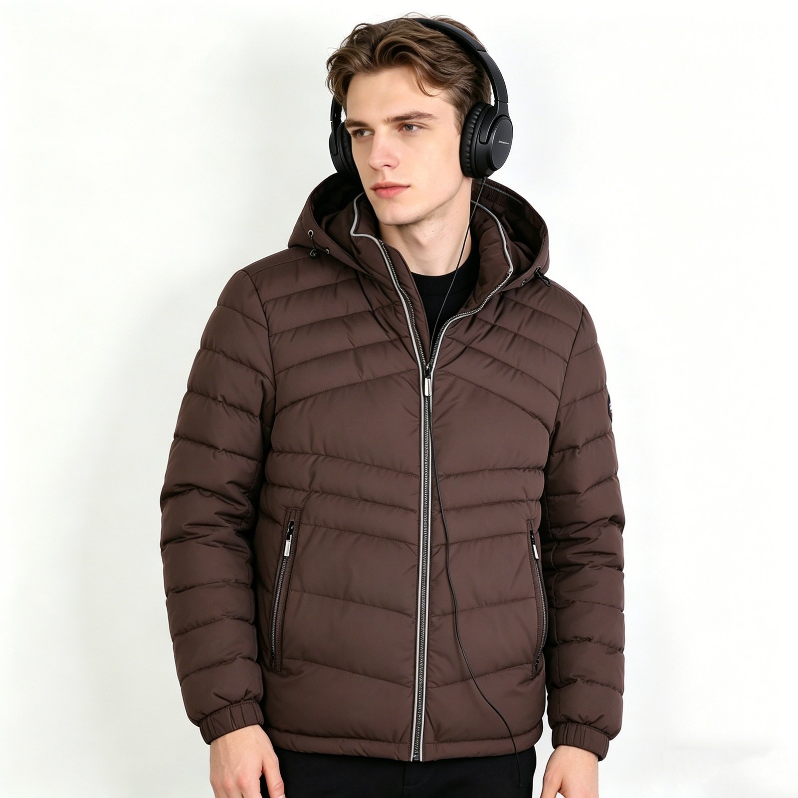 Light Gray Stripes Contrast With Coffee Color Men's Insulated Hooded Jacket
