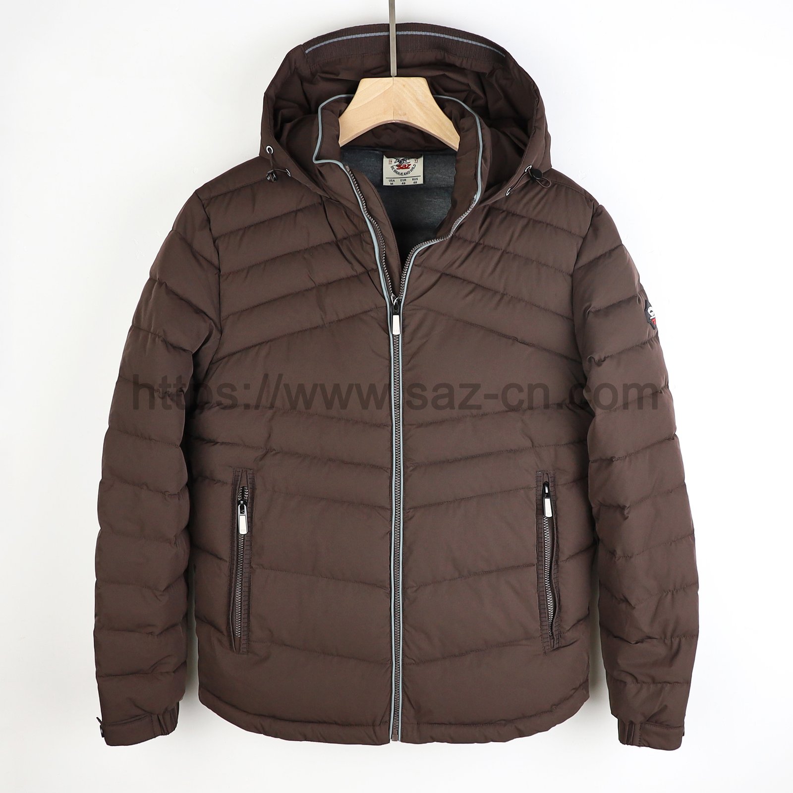Light Gray Stripes Contrast With Coffee Color Men's Insulated Hooded Jacket – view 2