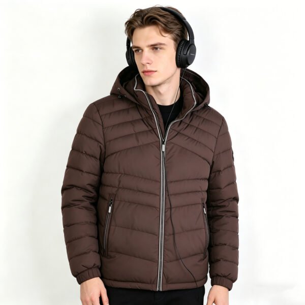saz-bm5203 Light Gray Stripes Contrast With Coffee Color Men's Insulated Hooded Jacket