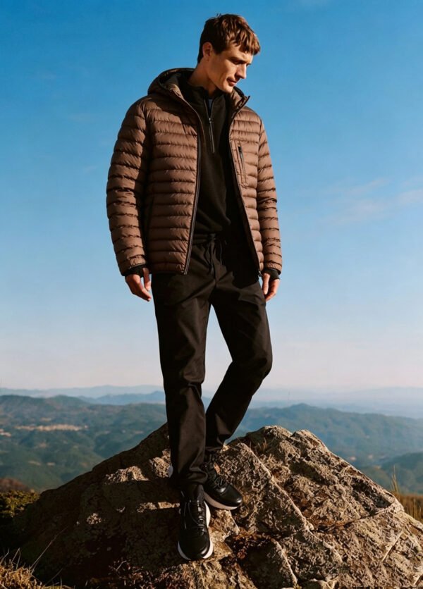 Thin Cotton Puffer Jacket Mens Hooded Elastic Binding Hem Quilted Coat