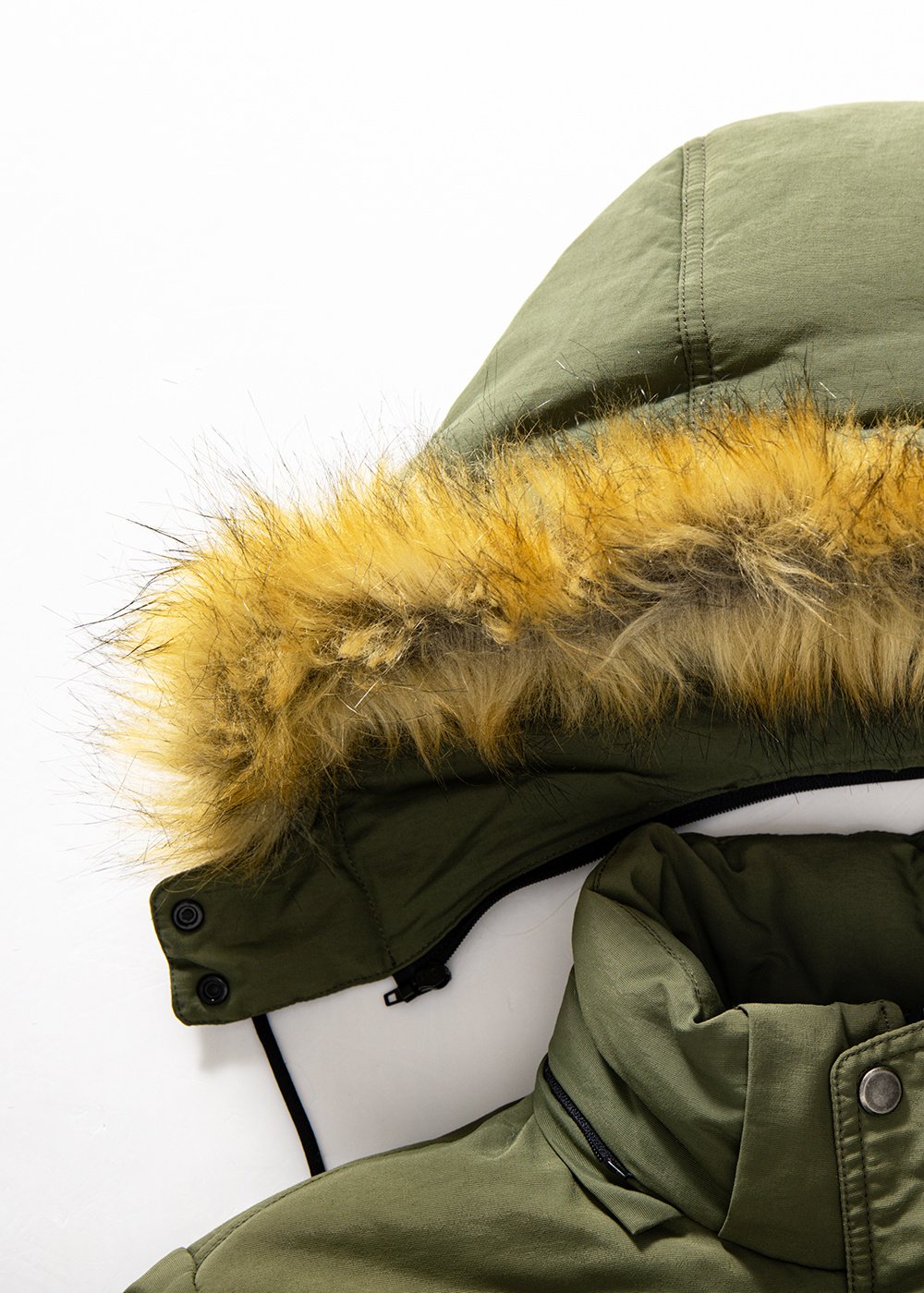 insulated detatchable faux fur hood parka in amry green
