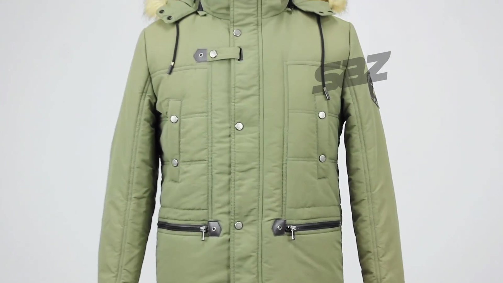 insulated detatchable faux fur hood parka in amry green – view 5