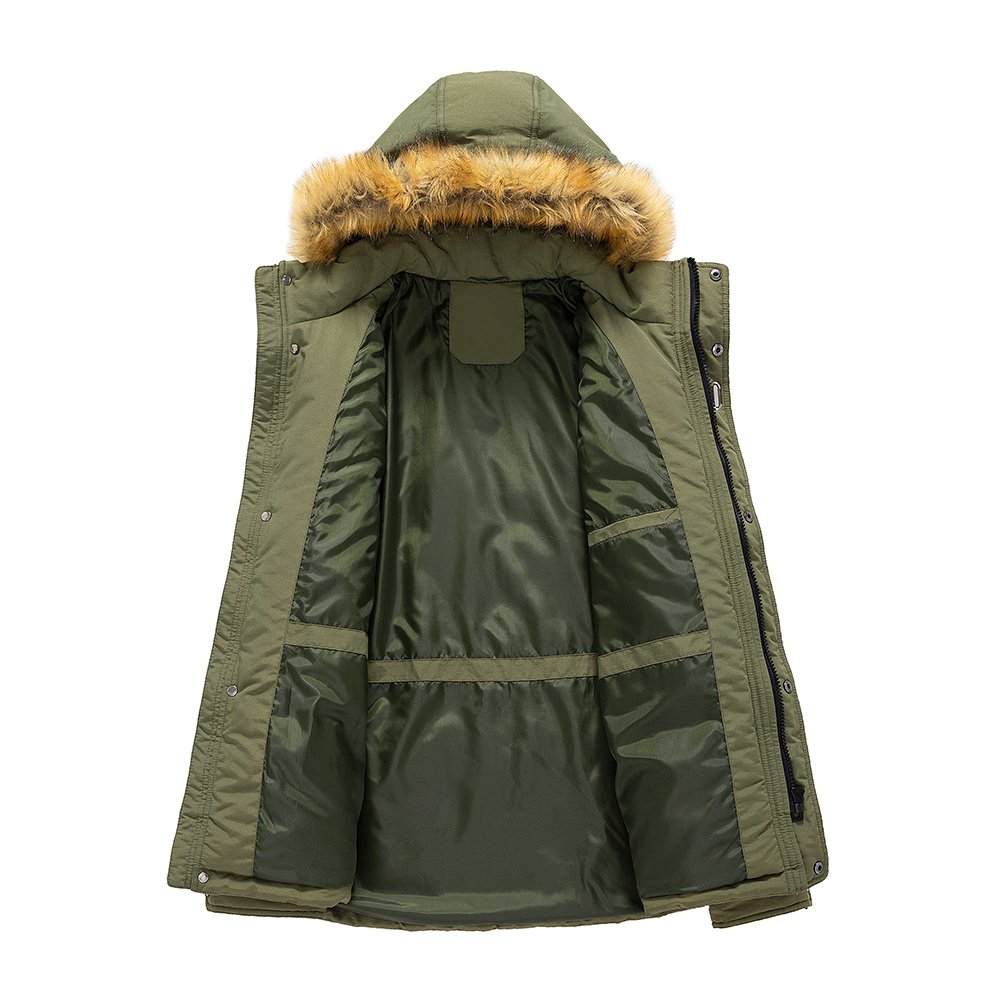 insulated detatchable faux fur hood parka in amry green – view 8