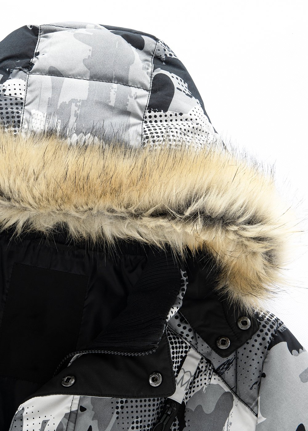 fur hooded cotton padded long parka with full printing