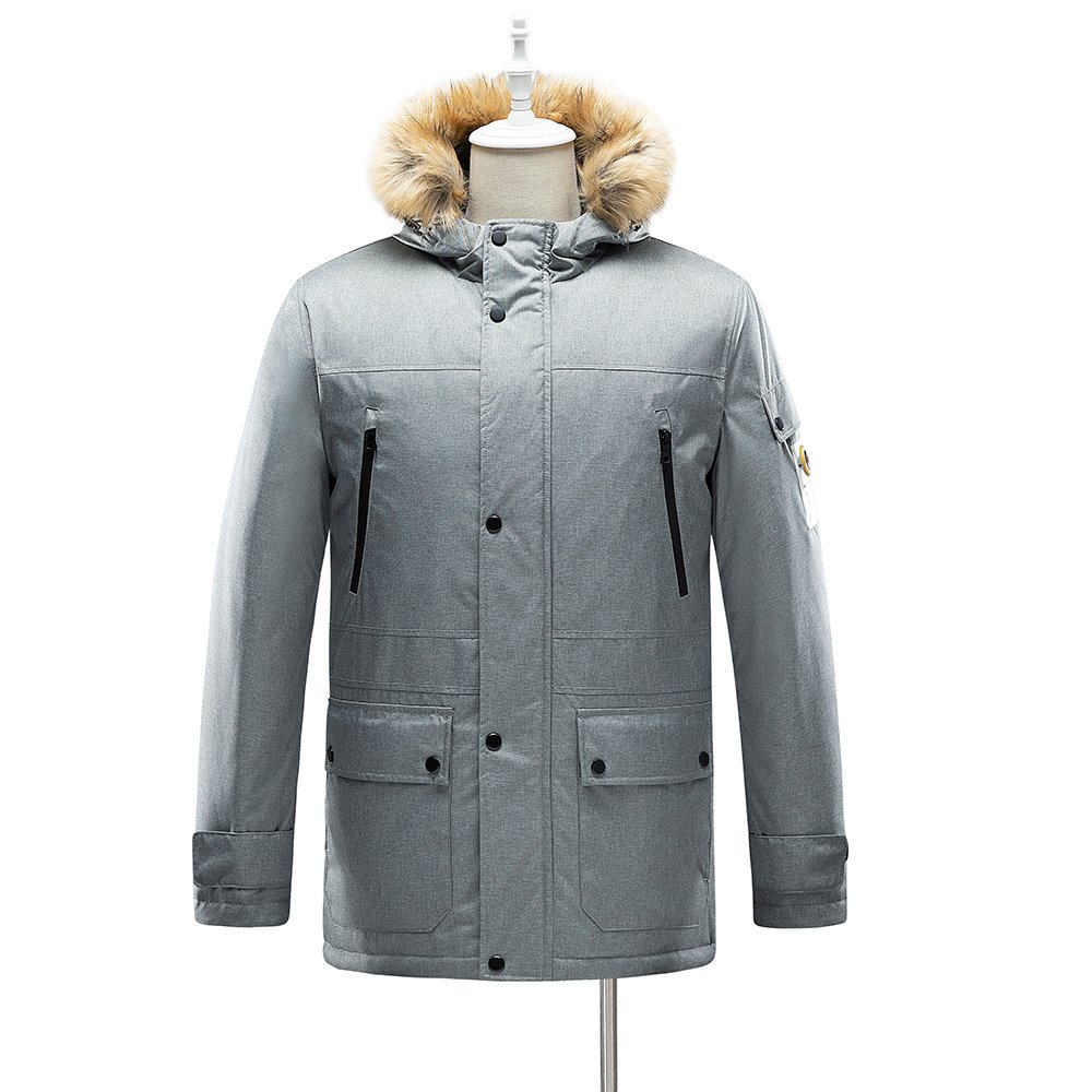hooded parka coat with fur trim in grey – view 6