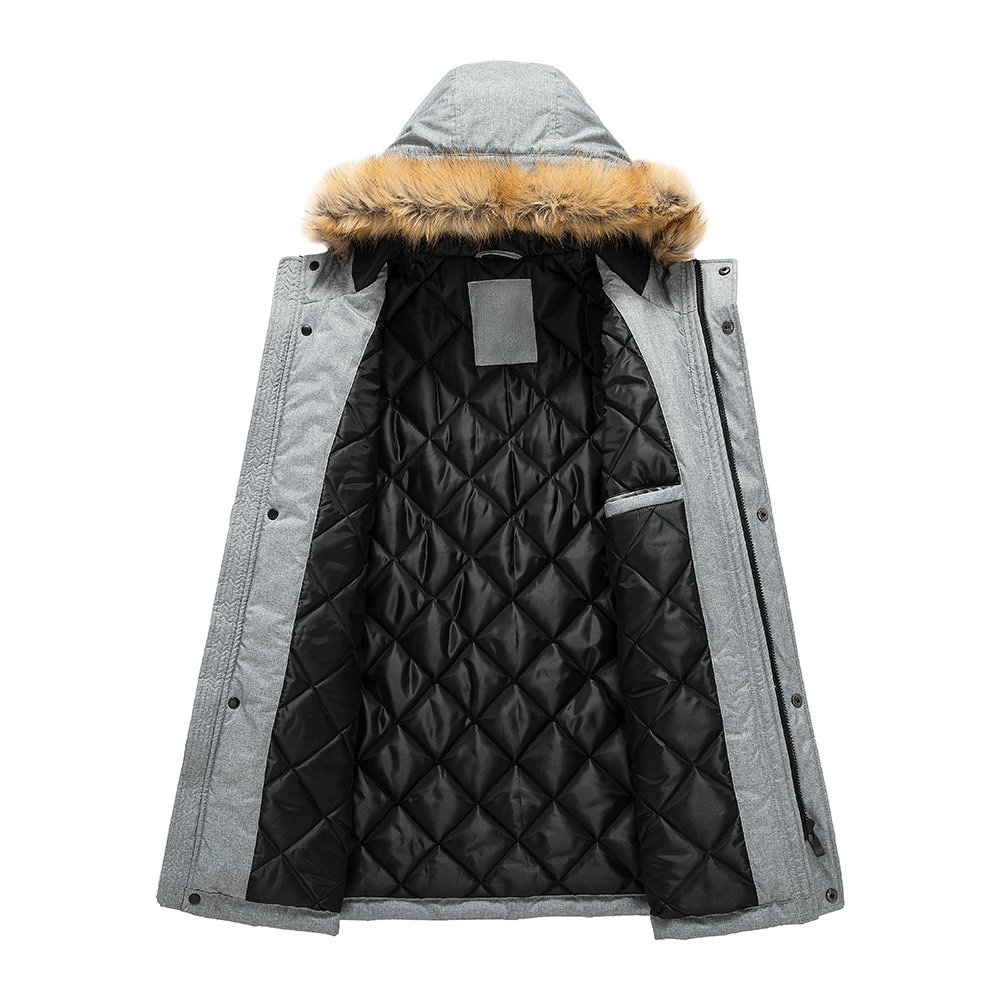 hooded parka coat with fur trim in grey – view 8