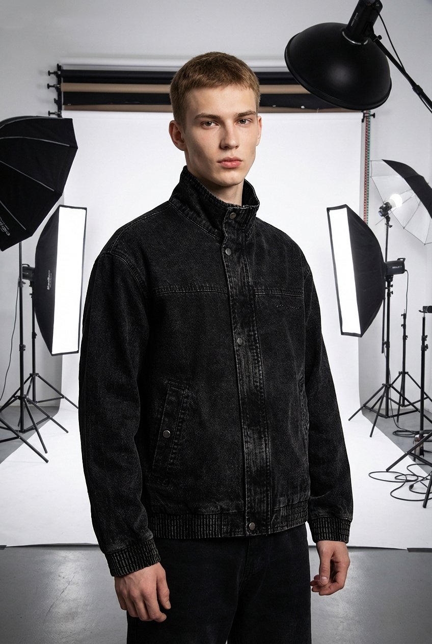 washed Crop Biker Street Utility Jacket Black