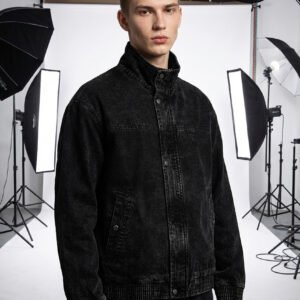saz-cx9312 washed Crop Biker Street Utility Jacket Black