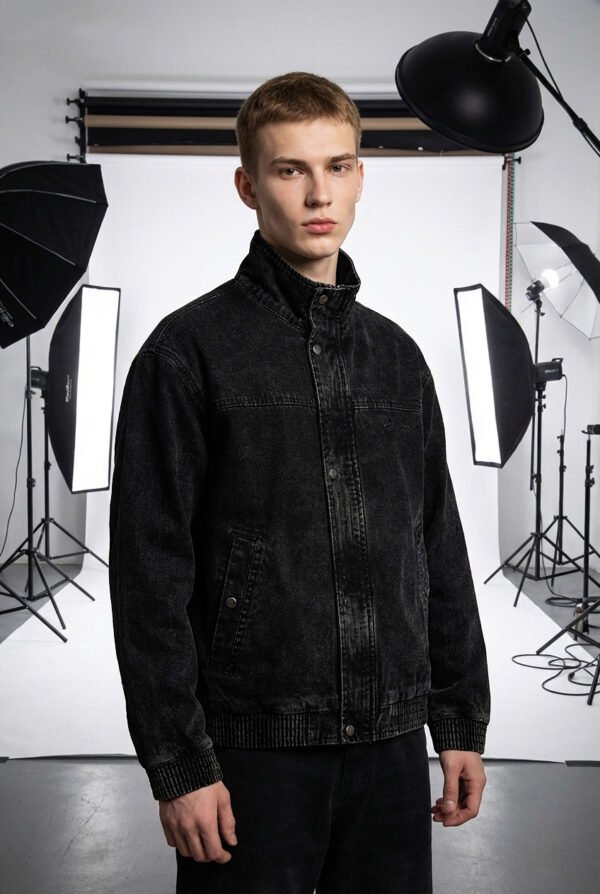 saz-cx9312 washed Crop Biker Street Utility Jacket Black