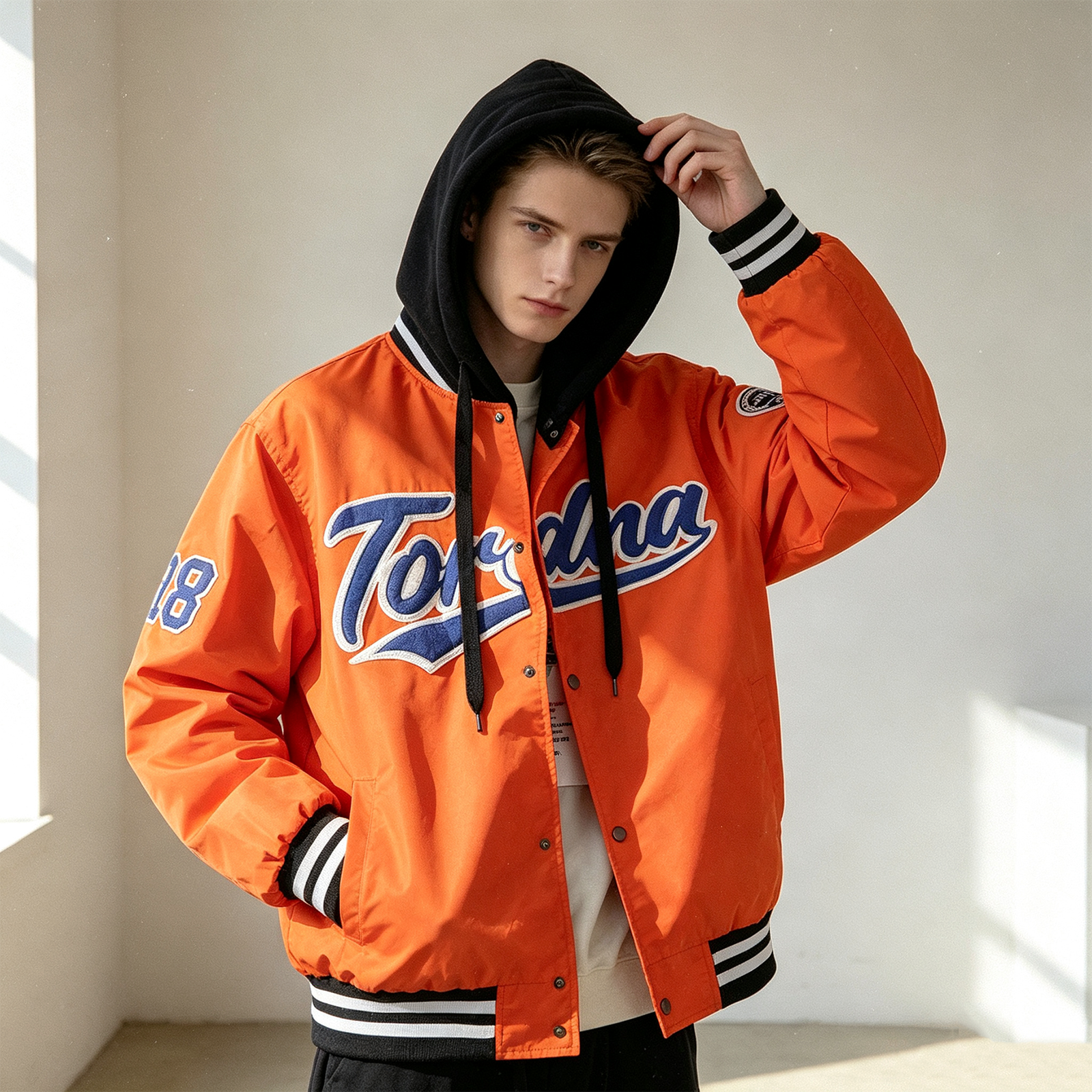 Hip Hop Oversized Varsity Bomber Jacket In Orange – view 8