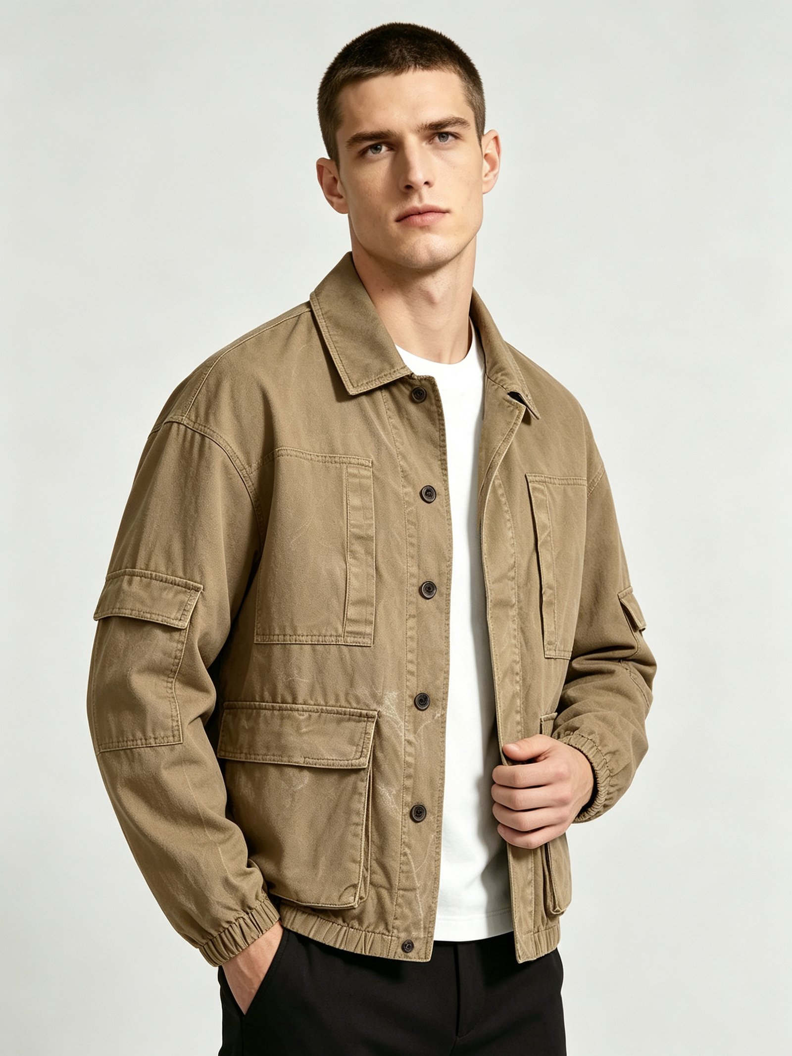 Khaki Multi Pocket Cargo Men's Twill Jacket – view 5