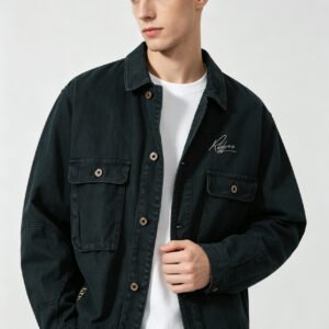 saz-df81208 2 Big Cargo Pocket Overshirt Shacket With Embroidery Logo