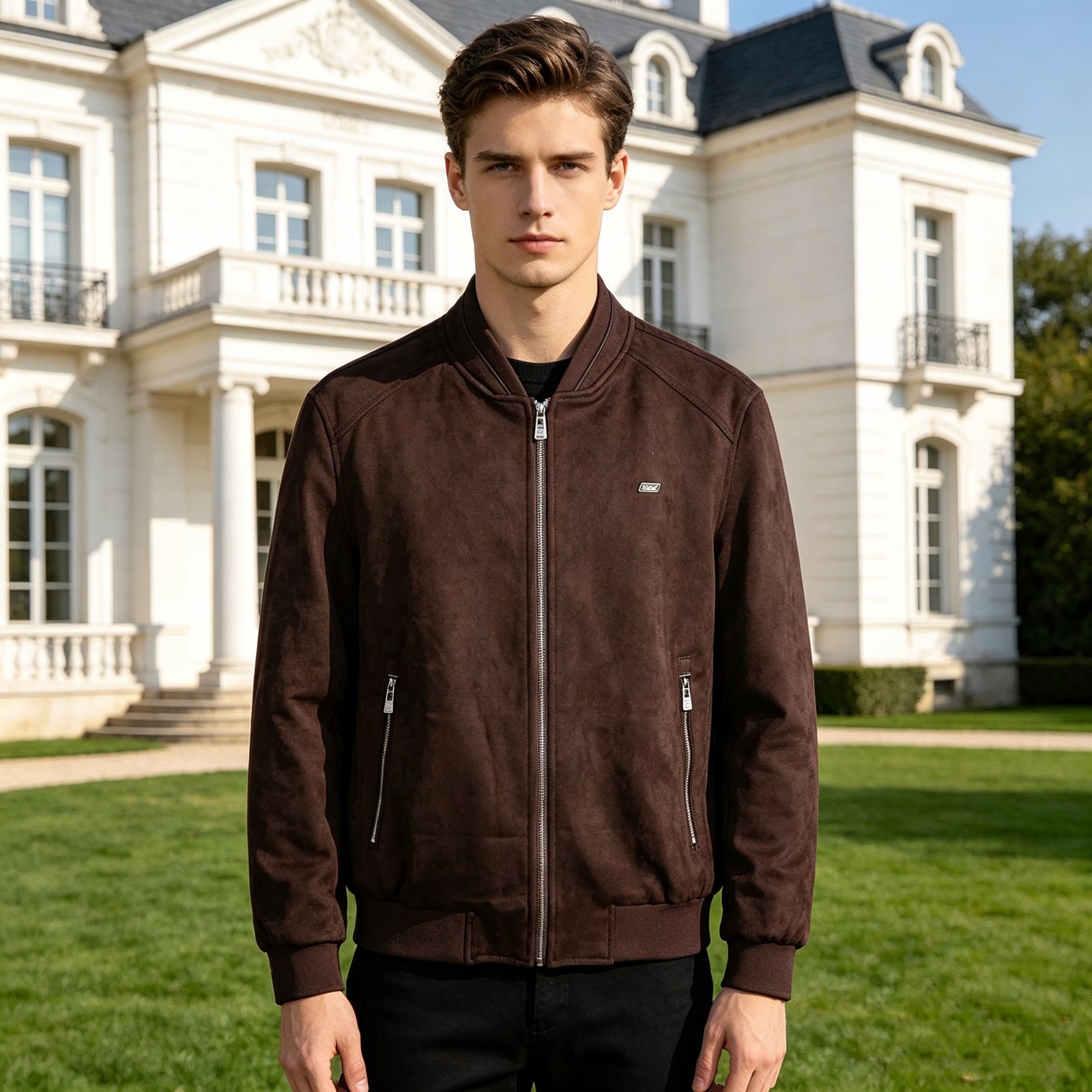 Men's Suede Leather Jacket Dark Brown Vintage Style Zip Up Jacket