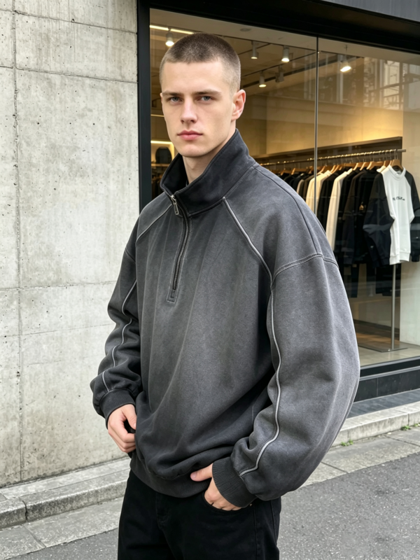saz-r8875 Drop Shoulder Tie-Dye Washed Quarter Zip Up Sweatshirts Premium Streetwear