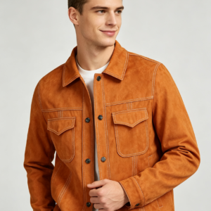 saz-sk-007 Contrast White Stitch Suede Shacket Orange-Colored