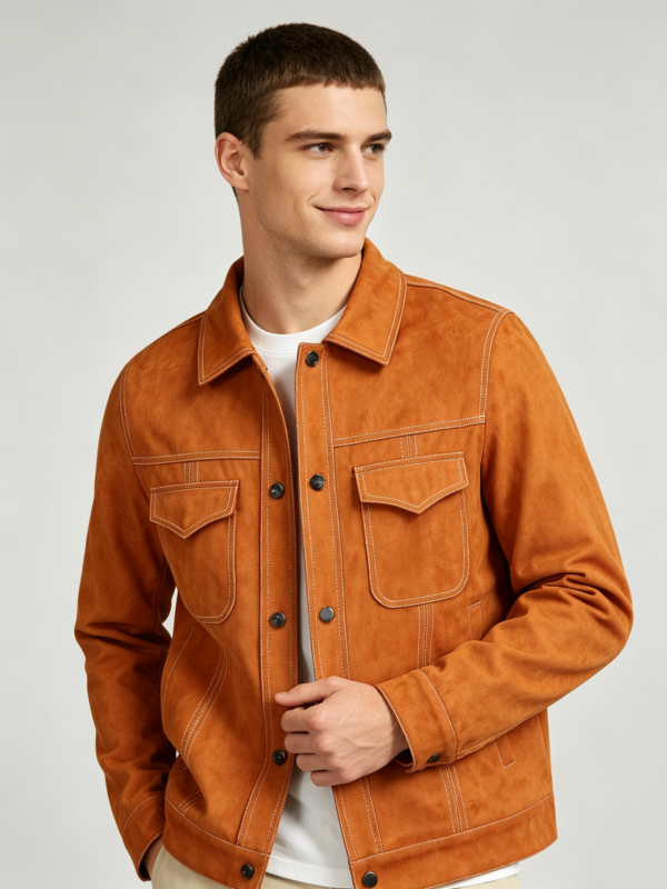 saz-sk-007 Contrast White Stitch Suede Shacket Orange-Colored