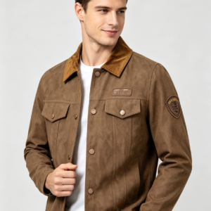 saz-sk-013 Embroidered Patch Brown Suede Shirt Jacket