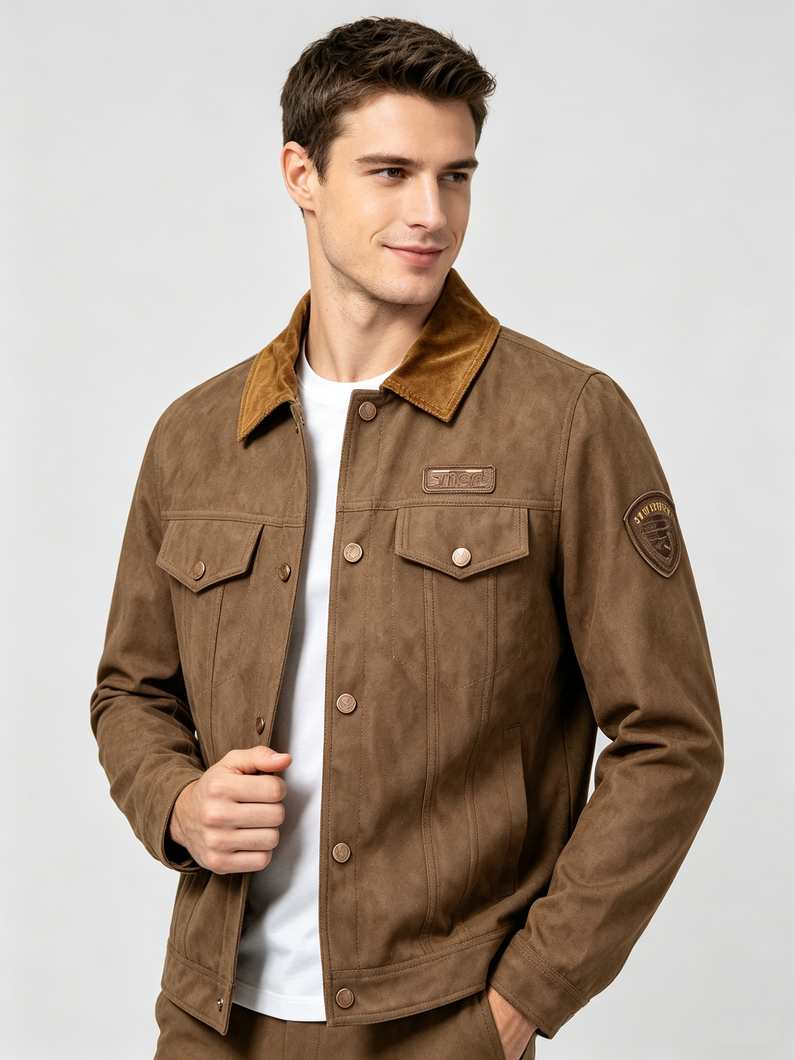 Embroidered Patch Brown Suede Shirt Jacket – view 5