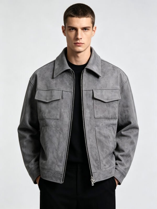 saz-xk001 Dark Gray Suede Trucker Jacket
